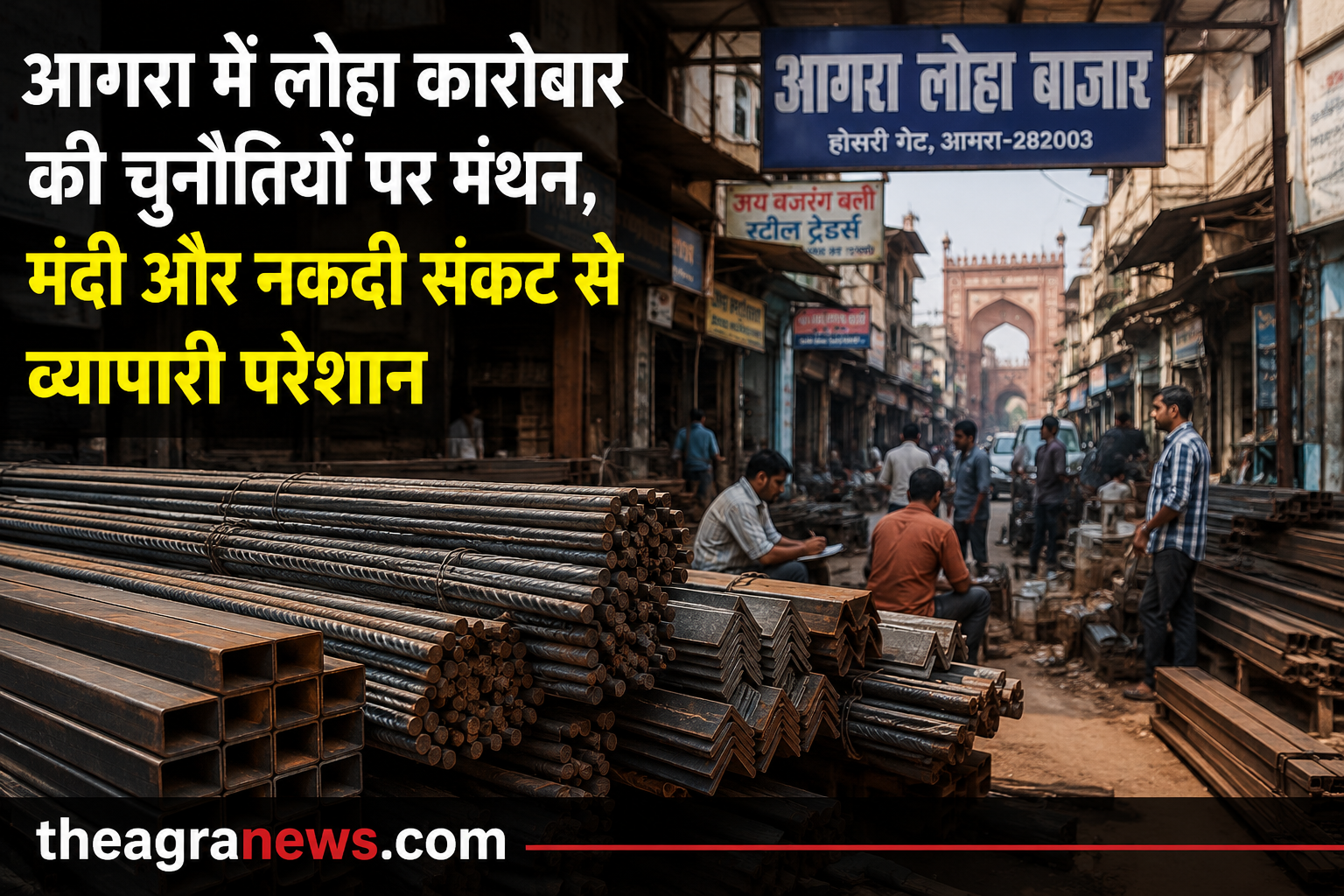 आगरा के लोहा बाजार में स्टील और लोहे के सामान की दुकानें और व्यापारी