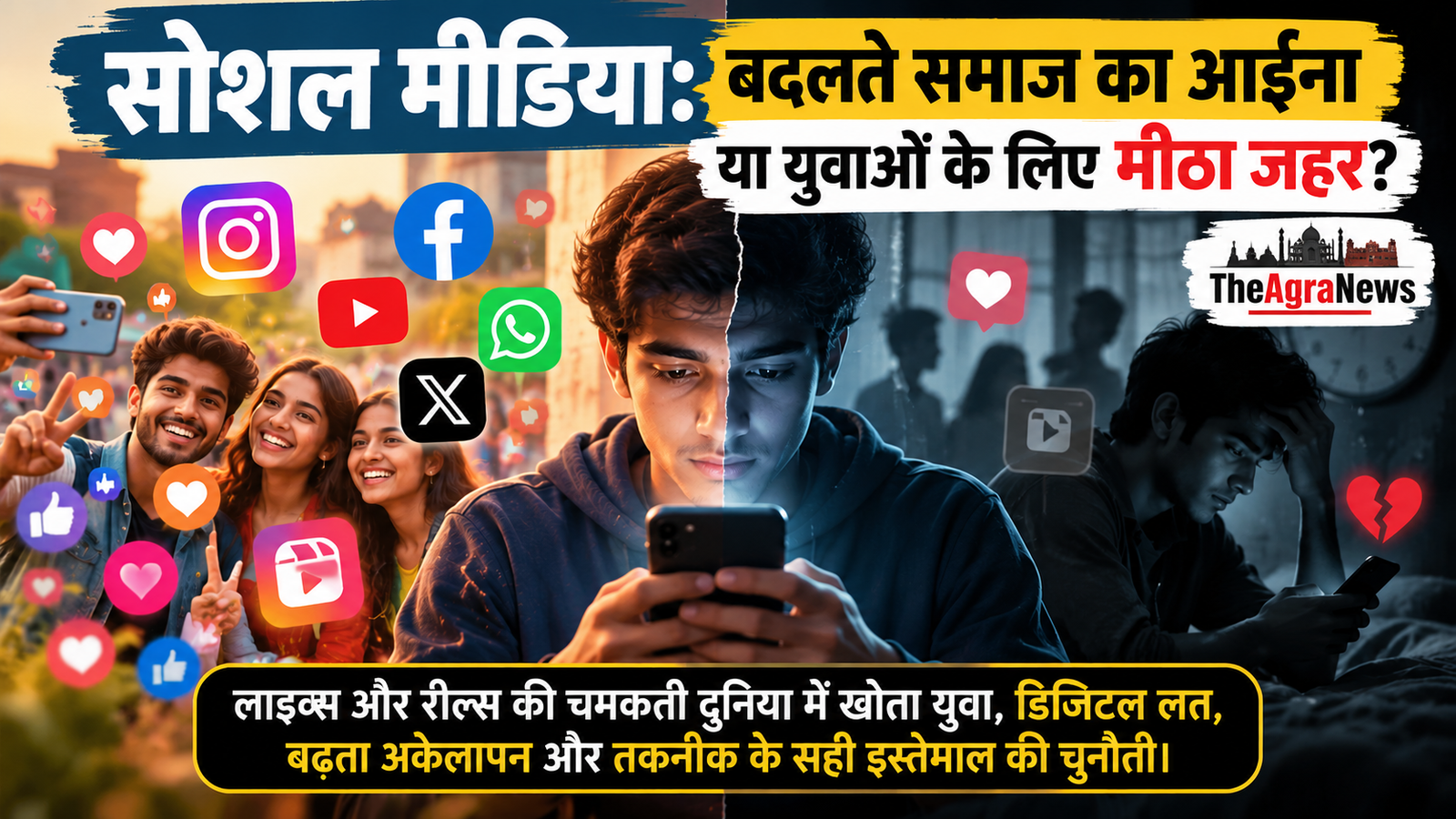 सोशल मीडिया का युवाओं पर प्रभाव, डिजिटल लत, रील्स, लाइक्स और बढ़ते अकेलेपन को दर्शाती तस्वीर
